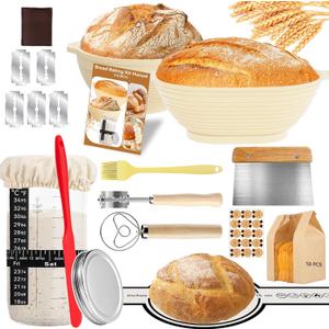 24 PCS Sourdough Starter Kit w/ 34oz Sourdough Starter Jar, Sourdough Bread Baking Supplies 9" Round & 10" Oval Silicone Banneton Bread Proofing (Yellow)
