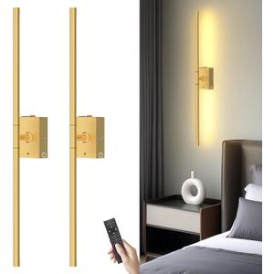 Battery Operated Wall Sconces Set of 2: 10000mAh Rechargeable Wall Lights with Remote, 360 Rotate 3000K-6000K LED Wireless Wall Light Fixtures Decor for Bedroom Living Room Hallway Picture Lighting (Gold)