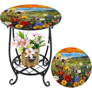 Cinnvoice Outdoor Side Table Round Small Mosaic Patio Accent Indoor End Plant Coffee Tea Table for Yard Patio Porch Garden Living Room, Bedroom (Sunset Wildflowers Style, 12 Inch)