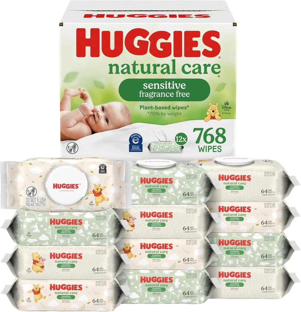Huggies Natural Care Sensitive Baby Wipes, Unscented, Hypoallergenic, 99% Purified Water, 12 Flip-Top Packs (768 Wipes Total), 