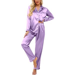 Ekouaer Women's Classic Button Down Long Satin Silk Pajama Set (Medium, Lavender)