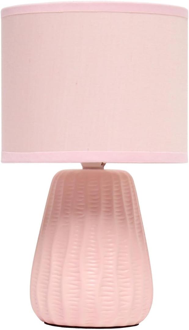 Simple Designs LT1138-LPK 11.02" Traditional Mini Modern Ceramic Texture Pastel Accent Bedside Table Desk Lamp w Matching Fabric Shade for Decor, Bedroom, Nightstand, Living Room, Entryway, Light Pink
