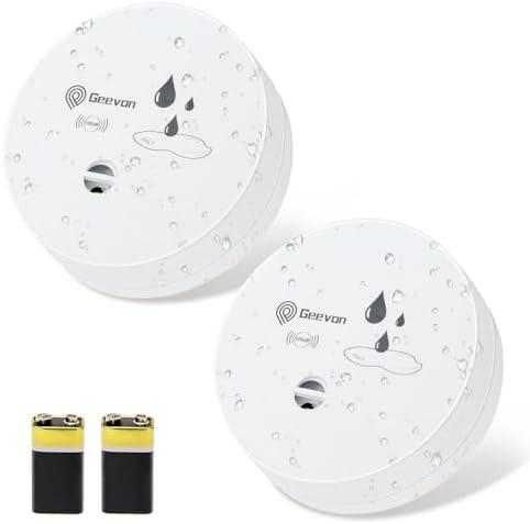 Geevon 2 Pack Water Leak Detectors, 100dB Water Sensor Alarms Flood Detector for Basements, Bathrooms, Laundry Rooms, Kitchens, Garages, and Attics, Water Alarms Battery-Operated (Battery Included)