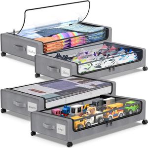 Under Bed Storage with Wheels, 4 Pack Under bed Storage Containers with Clear Lids & Zippers, Under Bed Shoe Storage Organizer, Rolling Underbed Storage for Clothes, Shoes, Blankets (Grey)