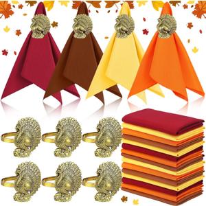 WILLBOND 24 Pcs Thanksgiving Napkin Rings and Cloth Napkins Bulk Thanksgiving Turkey Bird Themed Holders Fall Napkin Rings Alloy Design Holder Buckle for Christmas Wedding Home Party Table Decoration
