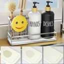 Moforoco Kitchen Dish Soap Dispenser Set, 16OZ Glass Bottle, Hand and Dish Soap Dispenser Set, Instant Dry Tray, Brush Holder with Smiley Face Sponge Holder (Silver Tray+Black&White Bottle)