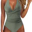 SUUKSESS Women Sexy Tummy Control One Piece Swimsuits Halter Push Up Bathing Suits (Large, #1 Army Green)