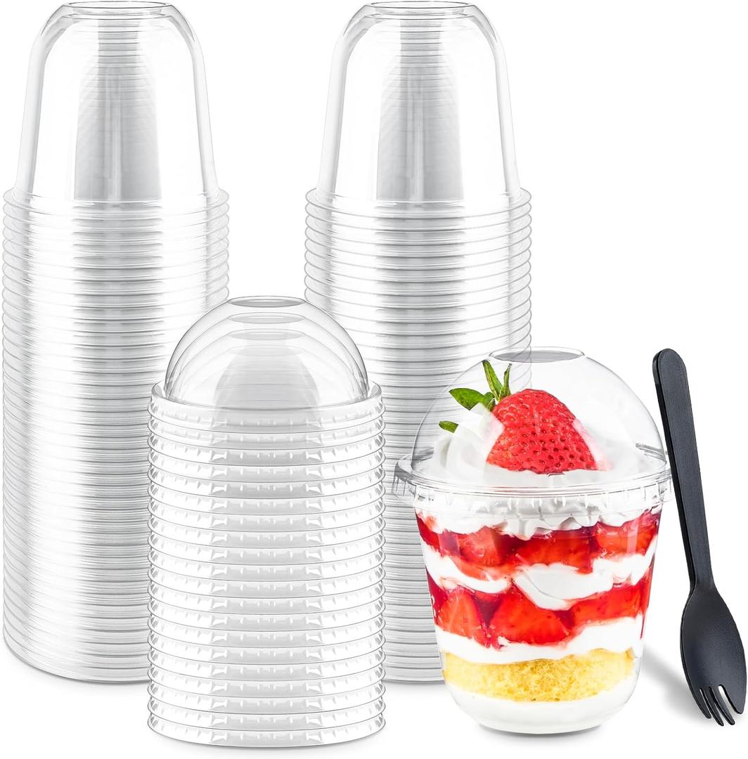 Zezzxu 50 Pack 10 oz Plastic Dessert Cups with Dome Lids (No Hole) and Sporks, Clear Disposable Fruit Cups with Lids for Yogurt Parfait Ice Creams Pudding Cakes