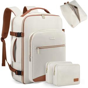 LOVEVOOK Travel Backpack for Women Men as Personal Item Flight Approved, 40L Luggage Carry On Backpack,17.3inch Large Daypack Laptop Backpack Waterproof Outdoor Sports with 3 Packing Cubes,Beige-Brown (Large-40L-4Pcs)