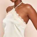 Women Satin Lace Cami Top Y2K Silk Sleeveless Halter Tank Top Going Out Backless Crop Tops Beach Streewear (Beige) - Small