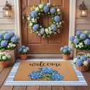 Tinideya 2 Pcs Hydrangea Door Mat Blue and White Stripe Welcome Non Slip Flower Coir Mats Floor Layering Floral Doormats Seasonal for Front Porch Entryway Decor(Blue Flower)