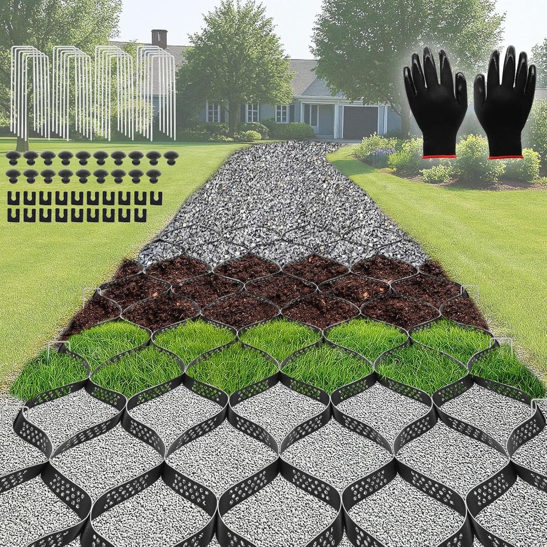 Gravel Grid 33 x 4 FT, 2'' Depth Geo HDPE Grid, Gravel Grid Driveway Stabilization with Gloves, Geo Cell 1900 Lbs Per Sq Ft Load, Ground Grid for Walkway, Parking Lot, Garden Path, Slope Protection
