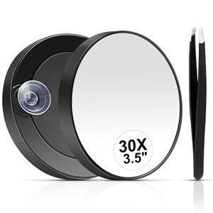 MIYADIVA 30X Magnifying Mirror, Small Magnifying Mirror with Suction Cup and Tweezers, As a Travel Makeup Mirror, Compact Mirror Set for Plucking Eyebrows 3.5 Inches (Black-30x)