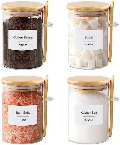 TIPGO Sugar Jar Bath Salt Container – 17 oz Glass Jar with Bamboo Lid and Spoon, Sugar Cube Holder and Canister for Countertop, Glass Containers for Coffee Beans, Tea and Overnight Oats (4 Pack)