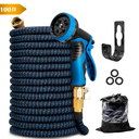 Kotto 100 ft Flexible Garden Hose, Water Hose for Outside with 10 Spray Nozzles, Brass Connector, Leak-Proof, Blue