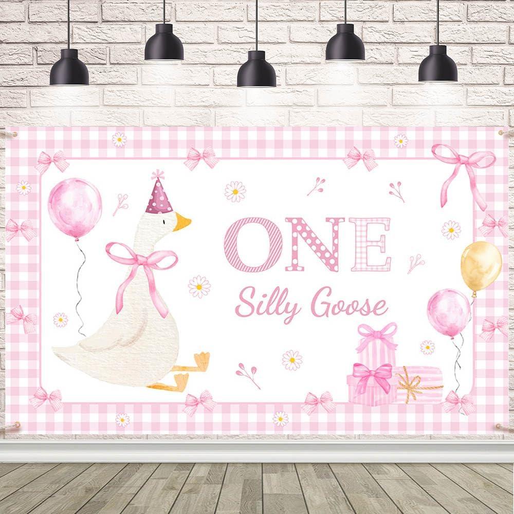 One Silly Goose Backdrop Goose 1st Birthday Banner Our Little Goose is Turning One Goose Theme Pink Plaid Bow Tie Banner Cute Cartoon Birthday Party Decorations 70.8x43.3inch (5.9x3.6ft)