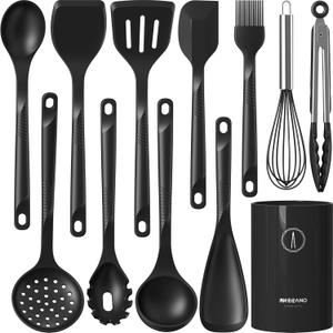 Silicone Cooking Utensils Set - 600F Heat Resistant, Nonstick Kitchen Utensil Set with Spatulas, Spoons, Whisk, Tongs, BPA Free, Dishwasher Safe, Black