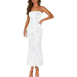 MEROKEETY Women's Floral Strapless Maxi Dress 2026 Summer Mesh Tube Bodycon Formal Wedding Guest Cocktail Party Long Dresses, Small
