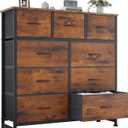 OLIXIS Dresser for Bedroom, 9 Storage Drawers, Wide Fabric Closet Chests Organizer Tower Furniture, TV Stand with Wooden Top Metal Frame for Clothes, Living Room, Hallway, Entryway, Rustic Brown