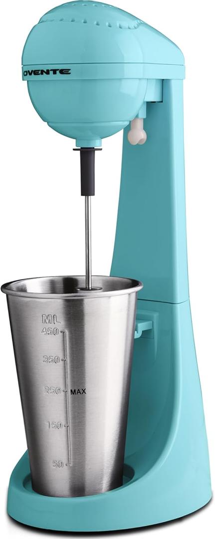 OVENTE Classic Milkshake Maker Machine with 2 Speed Setting, Safety Lock & 15.2 Ounce Stainless Steel Mixing Cup & Rod, Electric Drink Mixer Ideal for Malted Milk, Protein Shakes & More, Blue MS2070BL