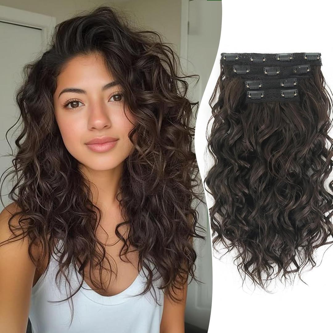 Aisaide Clip in Hair Extensions, 4PCS 16 inch Curly Hair Extensions Short Soft Natural Hairpiece Lace Weft Curly Wave Clip Ins Extensions Invisible for Women,Natura Off Brown