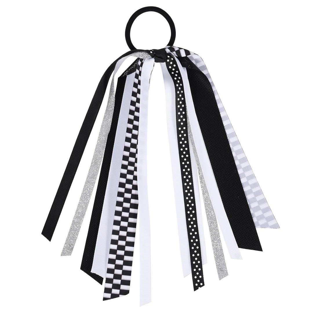 Black and White Checkered Ribbon Ponytail Holder Streamers Elastic Hair Ties for Racing Car Themed Birthday Party Decorations Supplies Cheerleader Girls Players Gift Accessories