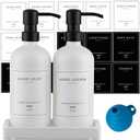 Thick Glass Soap Dispenser - Kitchen Dish Hand Soap Dispenser Set,Rustproof Pump Soap Lotion Dispenser Bathroom with Tray,14 Stickers for Kitchen Decor White Bottle/Black Pump