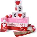 Valentine's Day Decoration, Valentines Wood Book Stack with 4 XOXO Signs & Beads Garland, Valentines Table Decor for Home Kitchen Mantel Shelf Valentines Tiered Tray