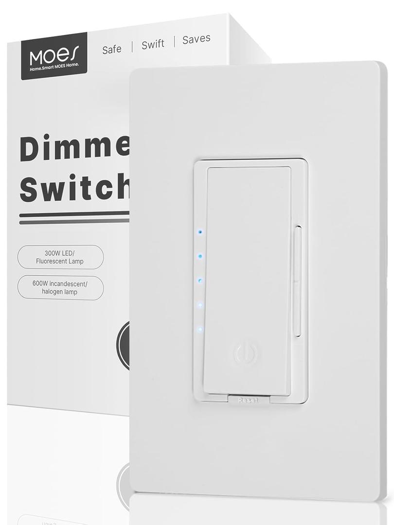 MOES Digital Dimmer Light Switch, 3 Way & Single Pole Dimmable Switches for LED, CFL, Incandescent, Halogen, 600Watt Max, No Neutral Wire Required, ON/Off Switch with Dimming Buttons (1 Pack, White)