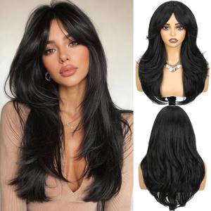 WIGER Layered Wavy Wig with Bangs Middle Part Glueless Curtain Bangs Wigs Black Synthetic Heat Resistant Wig for Women Daily Party Use