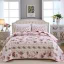 Xruibed Floral Quilt Set King Size, 3PCs Antique Rose Pink Bedspread Coverlet Set, Lightweight Soft Microfiber Pink Quilt Set with 2 Pillowcases for All Season (King Size 110"x90")