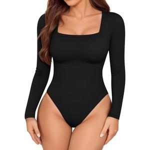 TRENLIVER Womens Long Sleeve Body Suits Square Neck Thong Bodysuit Slim Shirts Sexy Fall Going Out Tops Y2K 2025, Large