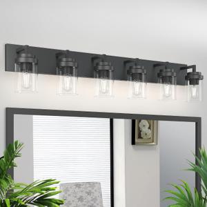 Bathroom Vanity Light, 6 Light Bathroom Light Fixtures Over Mirror, Black Vanity Lights with Clear Glass Shade, Modern Bathroom Light Fixtures for Bedroom, Hallway