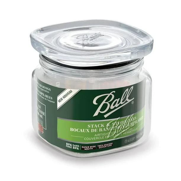 Ball Wide Mouth Mason Jar 4.0 Cup (1 Pack) With M.E.M Wooden Storage Lid for Storage, Grains, Herbs, Pasta, Coffee, Cookies