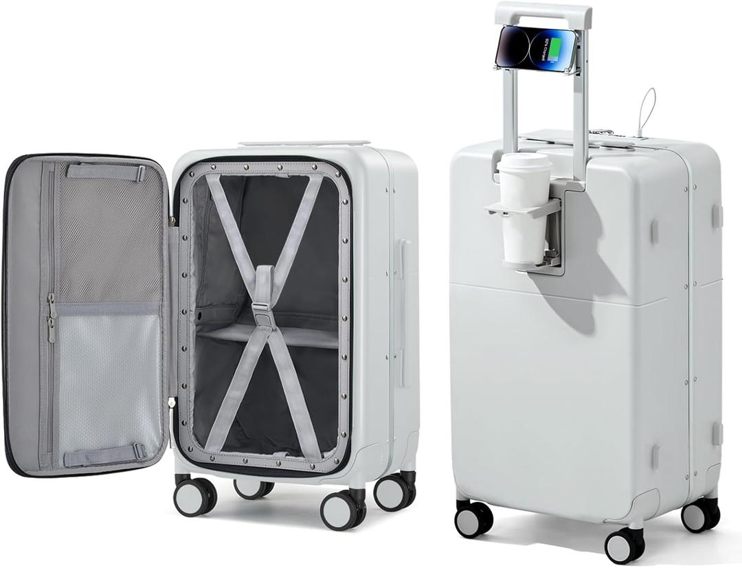 Hanke 20 Inch Carry On Luggage with Cup Holder and Charge, Top Opening Hard Shell Suitcases with Wheels and Dividers, Aluminum Frame Trunk Luggage Small Suitcase with Lock for Travel, Smoke White