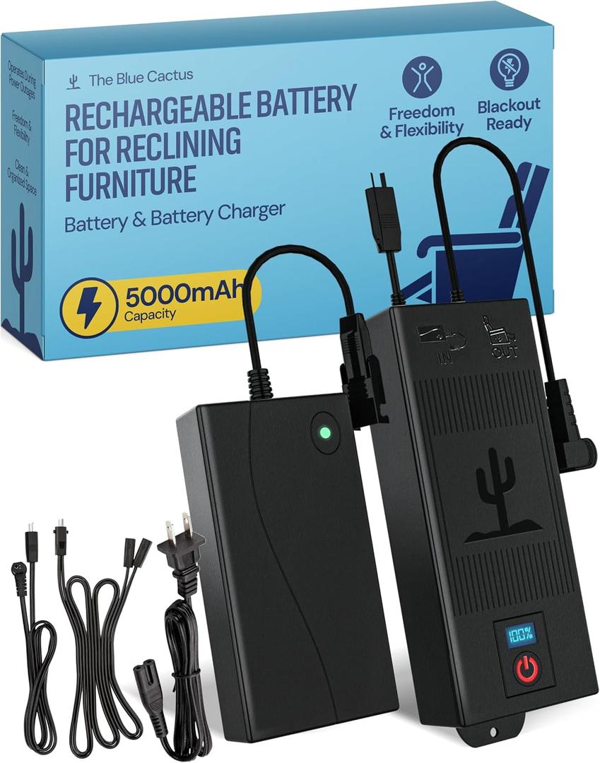 The Blue Cactus Big Battery Pack for Reclining Furniture with LED Screen and Low Charge Alerts  Wireless 5000mAh Couch Battery Pack Rechargeable for Power Recliner Power Supply