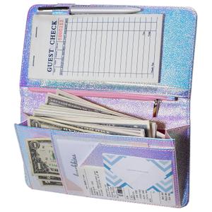 Zreal Server Book for Waitress with Zipper Pocket, 5 X 9 Serving Book, Magnetic Closure Pocket with Big Volume, Pen Holder for Waiter Server Wallet Fit Waitress Apron (Iridescent B)