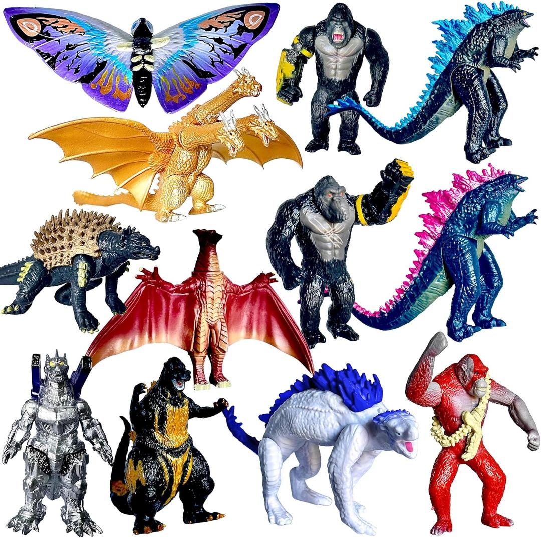 TwCare Set of 12 Godzilla x Kong: The New Empire, Dinosaur Dragon Toys Action Figures, Evolved Basic Exquisite Battle Roar B.E.A.S.T. Glove Shimo Frost Bite Mecha King Ghidorah Cake Toppers Pack