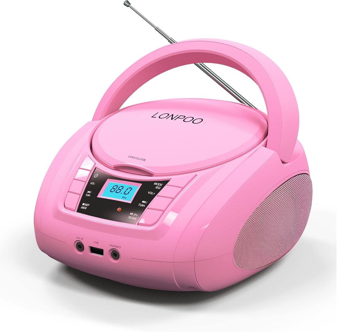 LONPOO CD Player Portable Boombox with FM Radio/USB/Bluetooth/AUX Input and Earphone Jack Output, Stereo Sound Speaker & Audio Player,Pink