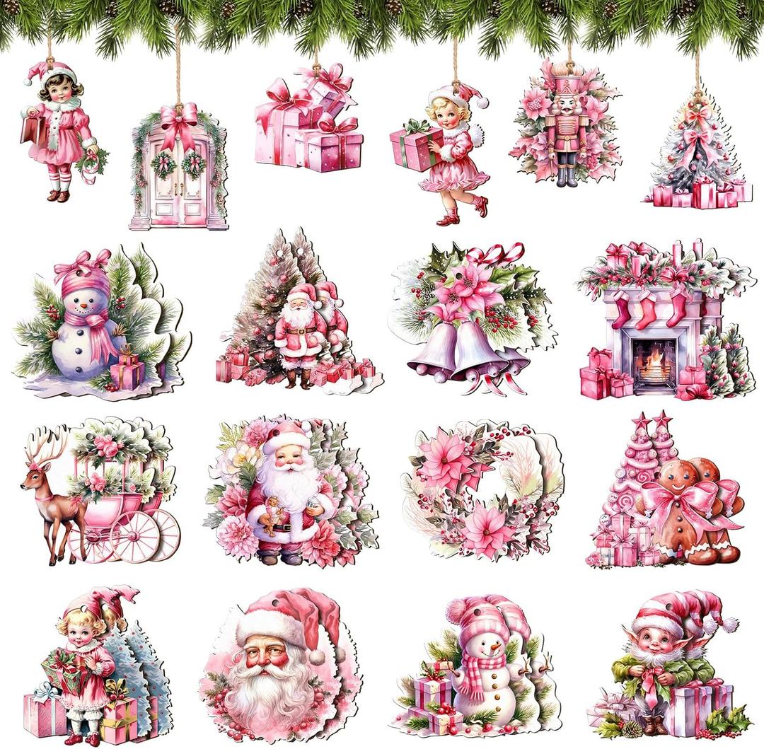 36 Pcs Pink Vintage Ornaments for Christmas Tree Rustic Retro Xmas Hanging Decorations for Festival Party Christmas Winter Holiday Decor