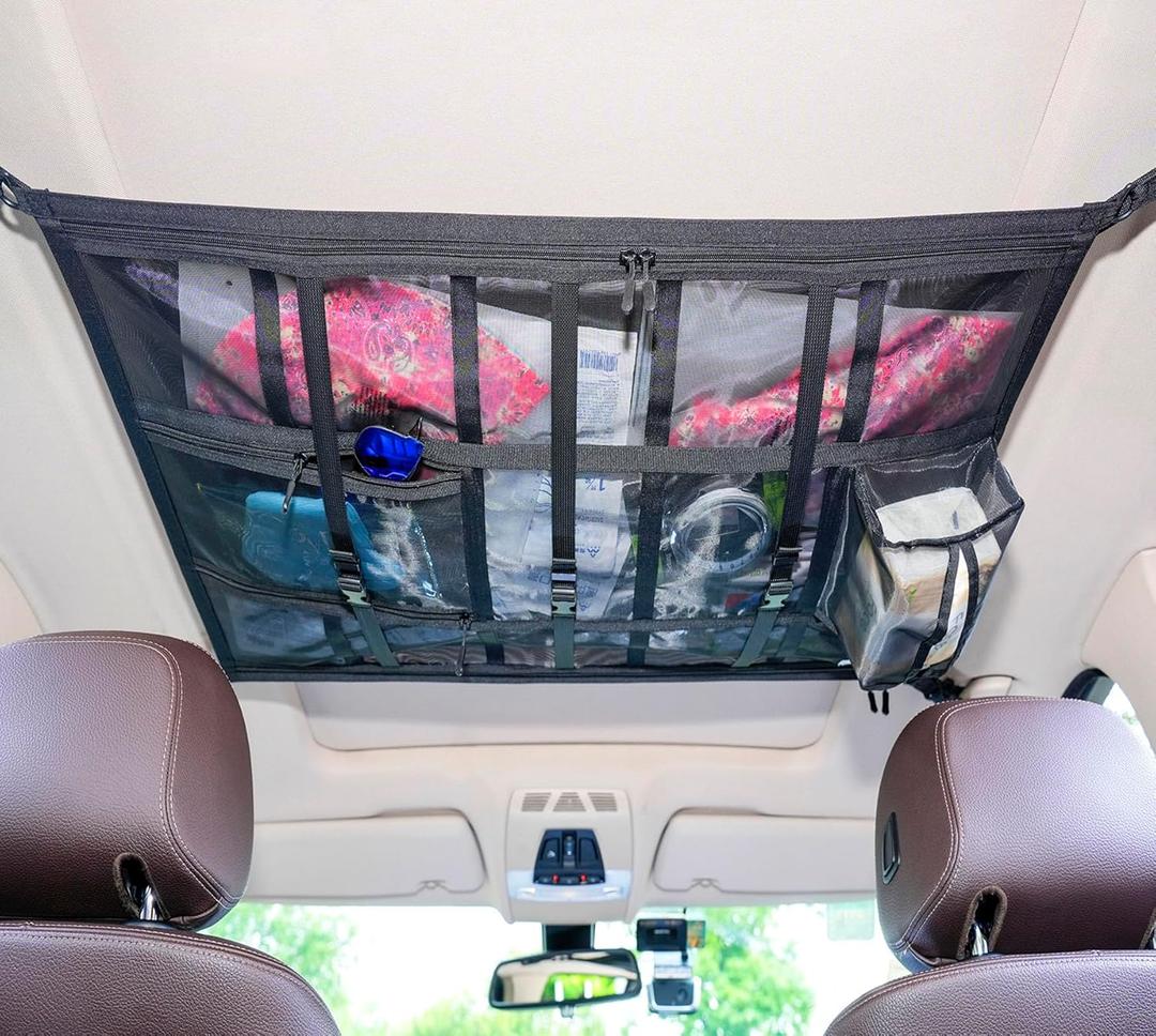 Cwokarb Car Ceiling Cargo Net Pocket, 31"x21" Double-Layer Mesh Car Roof Storage Organizer Strengthen Load-Bearing and Reduce Sagging Cargo Net Truck SUV Long Road Trip Camping Interior Accessories