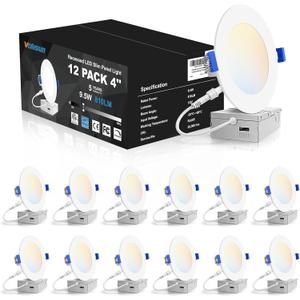 VOLISUN 12 Pack 4 inch Recessed Lighting, 5CCT LED Recessed Light with Junction Box, 2700K-5000K Selectable, 9.5W Eqv 80W, 810LM Dimmable Canless Wafer Downlight, LED Ceiling Light ETL Certificated (White)