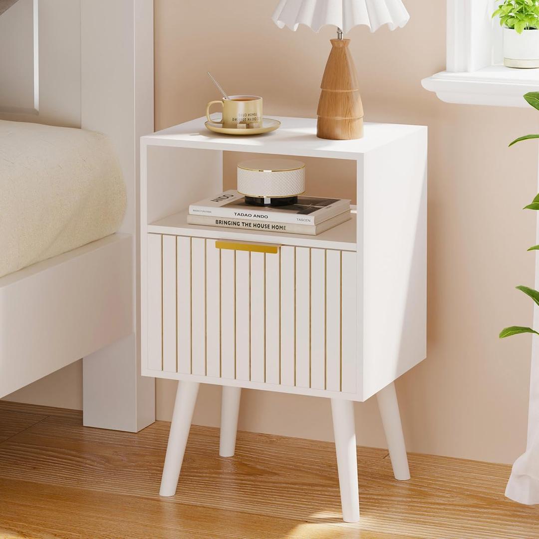 Aenuert Nightstand, 2-Tier Night Stand with Drawer, Wooden Bedside Table for Bedroom Study Room Small Spaces, White