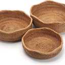 Rattan Bread Baskets Round Woven Fruit Bowls Key Holders Stackable for Storage, Snack, Fruit, Vegetable Natural Set of 3 (Wave)