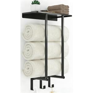 Towel Racks for Bathroom, Bathroom Towel Rack Wall Mounted with Metal Shelf and 3 Hooks for Small Bathroom, Black