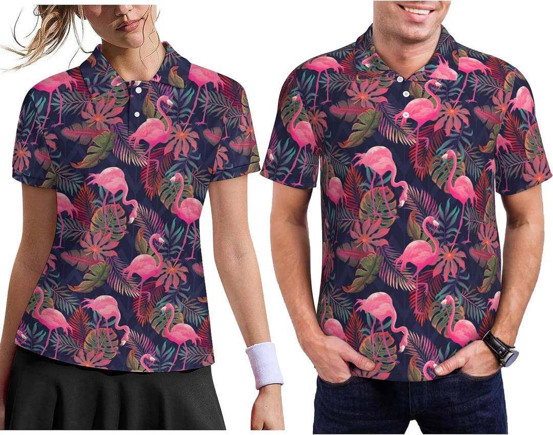 Funny Matching Couple Golf Shirts Short Sleeve Polo Shirts Moisture Wicking Unisex Hawaiian Outfits for Men Women (Large, Flamingo)