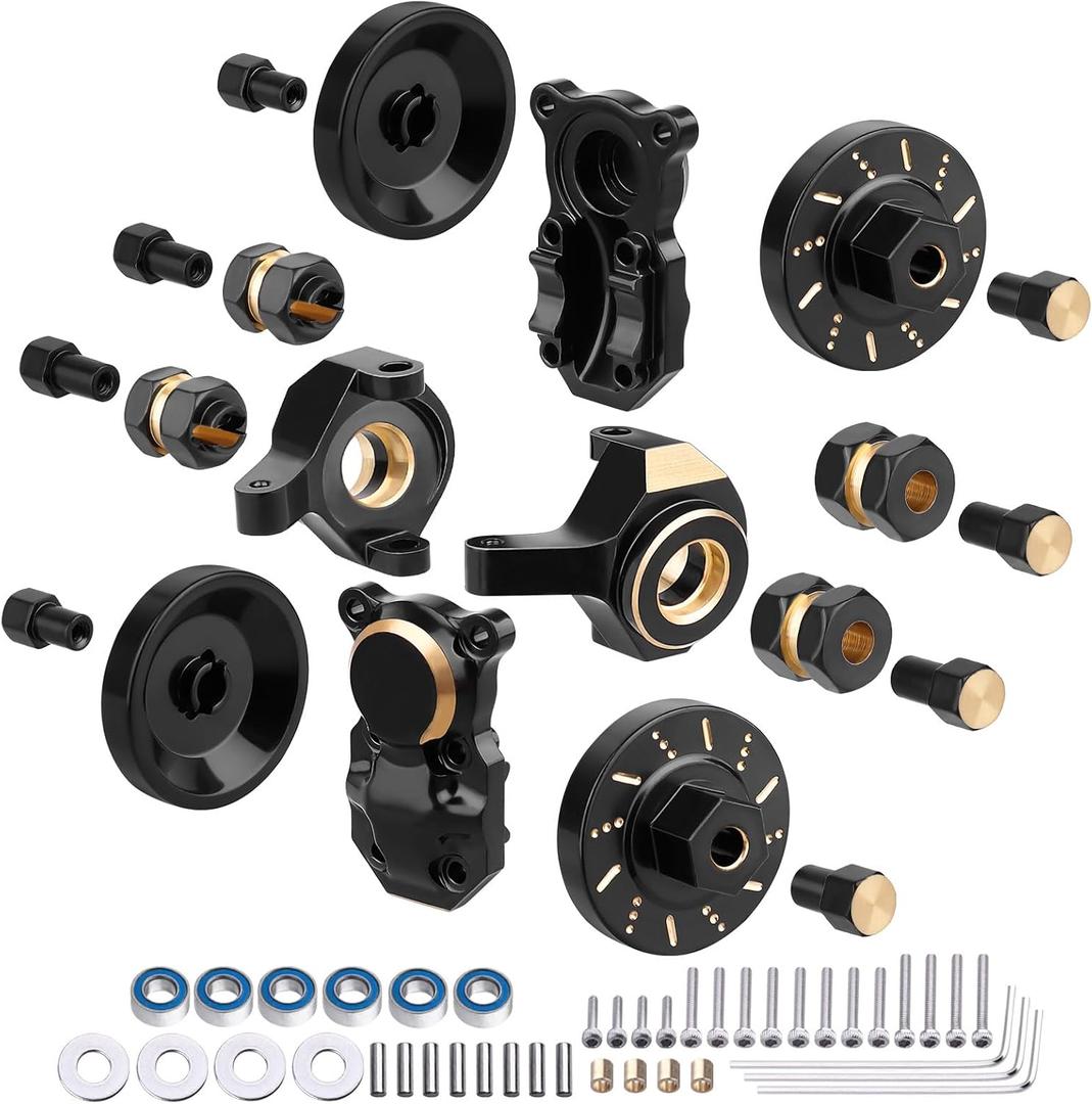 SCX24 Brass Upgrades Set Steering Knuckles Wheel Weights Extended Hex Adapter Front Rear Diff Cover & Ball Bearings for Axial 1/24 SCX24 (Black Gold)