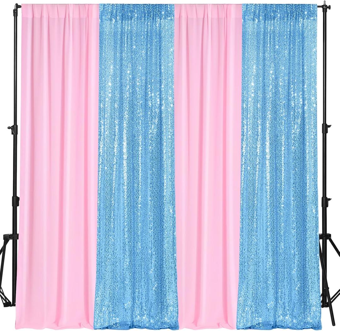 4 Panels Backdrop Curtains 2 Pcs 4 x 10 ft Sequin Glitter 2 Pcs 7 x 10 ft Chiffon Photo Background Curtains for Wedding Birthday Party Decorations(Pink, Light Blue)