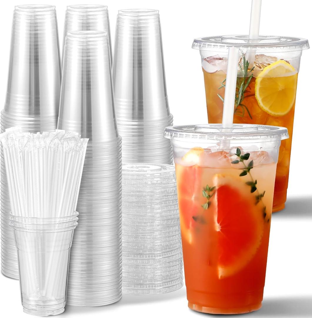 AOZITA [100 Sets] 20 oz Clear Plastic Cups With Lids and Straws, Iced Coffee Cups Disposable Cups for Iced Coffee, Smoothie, Milkshake and Cold Drinks