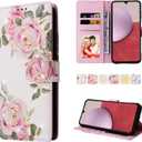 UEEBAI Wallet Case for Samsung Galaxy A14 5G, PU Leather Phone Case Kickstand RFID Blocking Flip Case with Card Slots Wrist Strap Relief Engraved Pattern Magnetic Closure Folio Case - White Rose